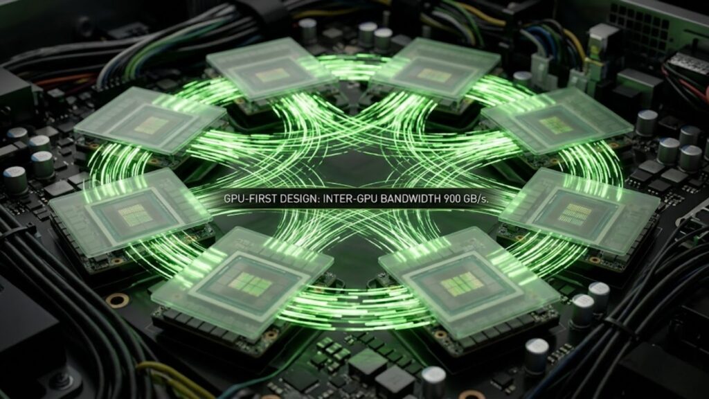 Diagram of interconnected GPUs in a circular layout with glowing data paths, illustrating high-bandwidth inter-GPU communication.
