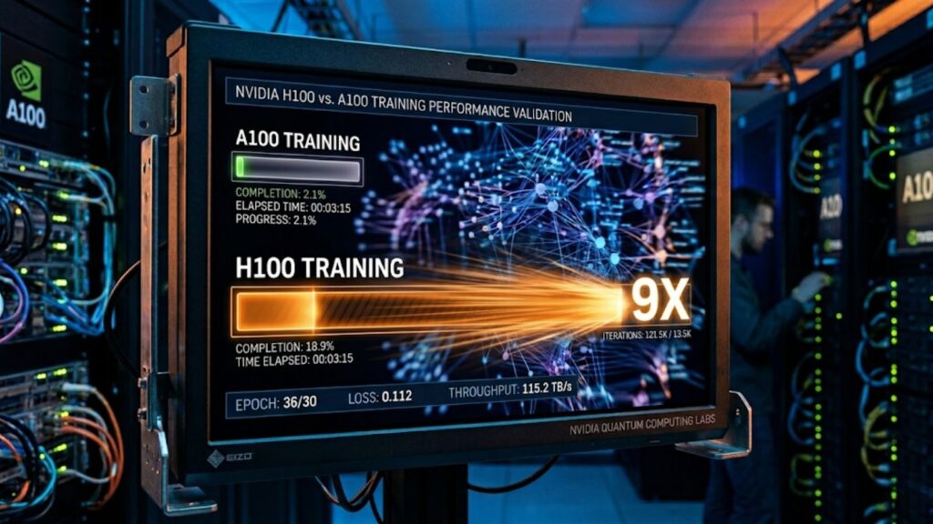 Monitor in a server room showing H100 vs A100 training performance, highlighting 9× faster results.