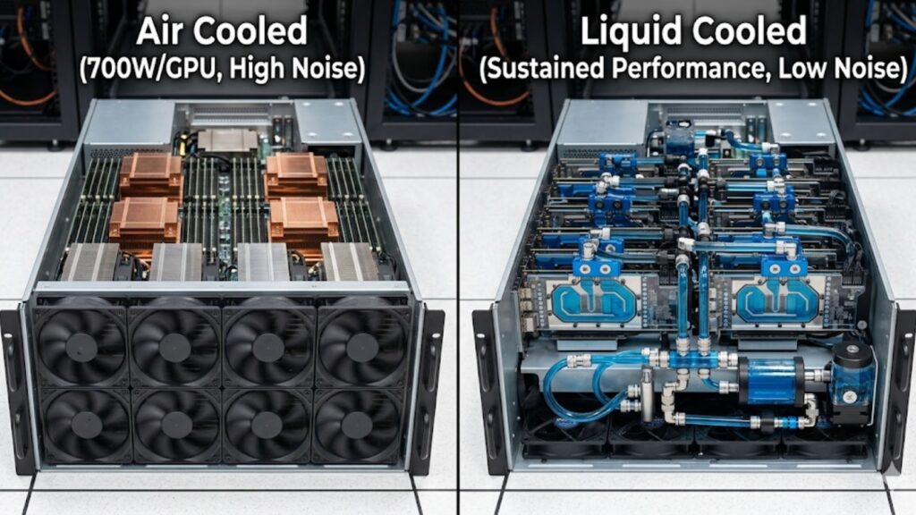 Side-by-side servers comparing air cooling vs liquid cooling for GPU systems.