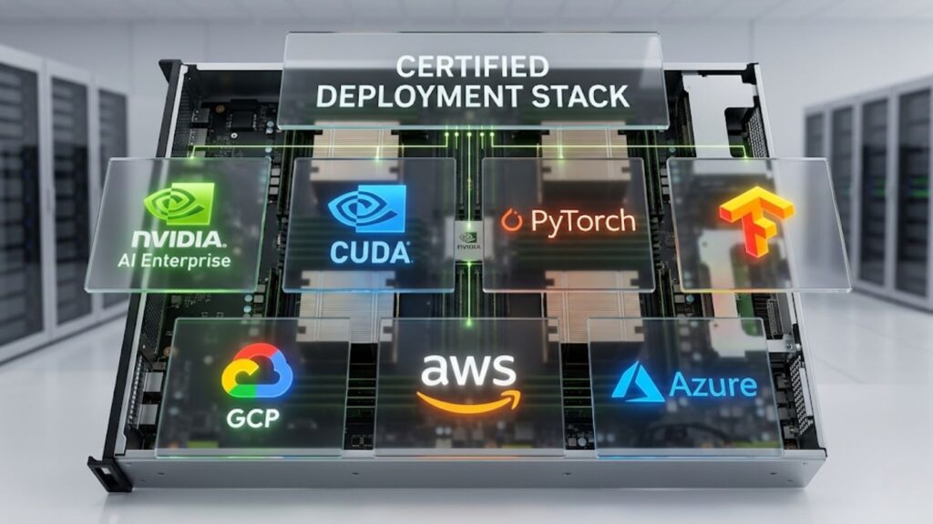 Server stack showing certified deployment ecosystem with NVIDIA, CUDA, PyTorch, AWS, and Azure.