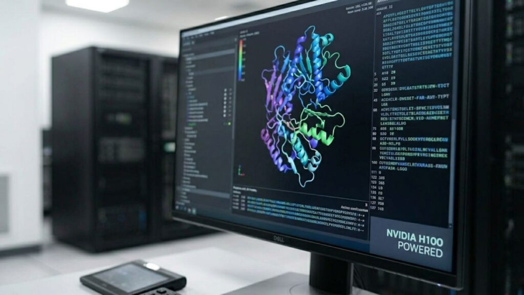 Monitor displaying a 3D protein structure with code, illustrating AI use in scientific research.