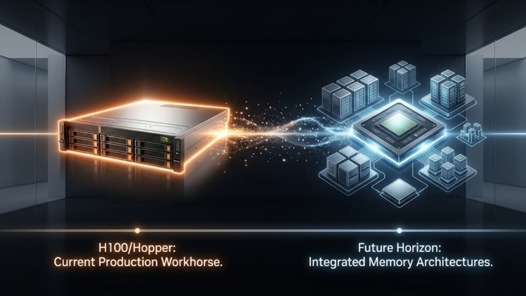 Server connecting to a central AI chip with surrounding data centers, illustrating future AI infrastructure.