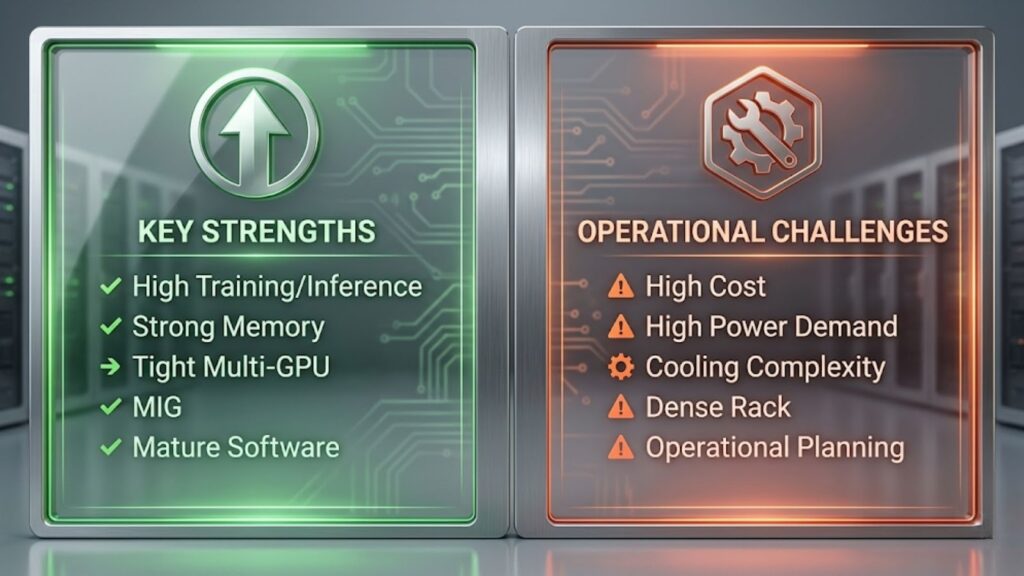 Side-by-side panels showing GPU strengths (performance, memory, scaling) and challenges (cost, power, cooling).