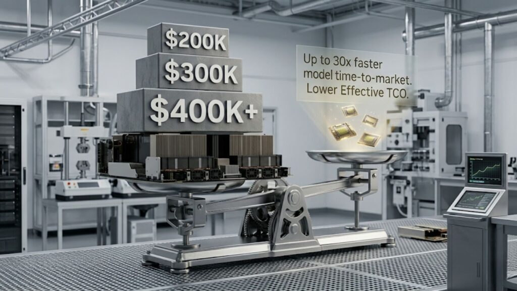 Factory scene with stacked cost labels ($200K–$400K+) and a scale highlighting improved ROI and faster time-to-market.