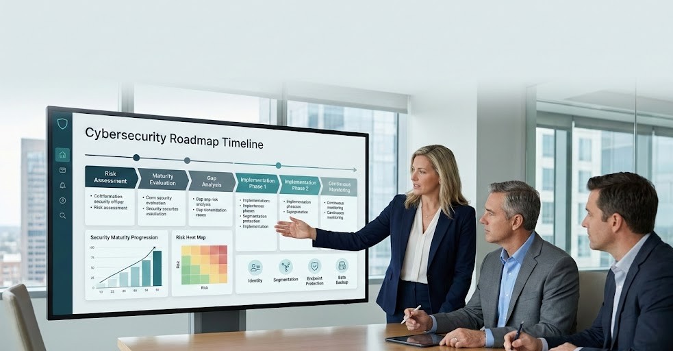 Business team reviewing a Cybersecurity Roadmap Timeline on a digital presentation screen during a corporate meeting.
