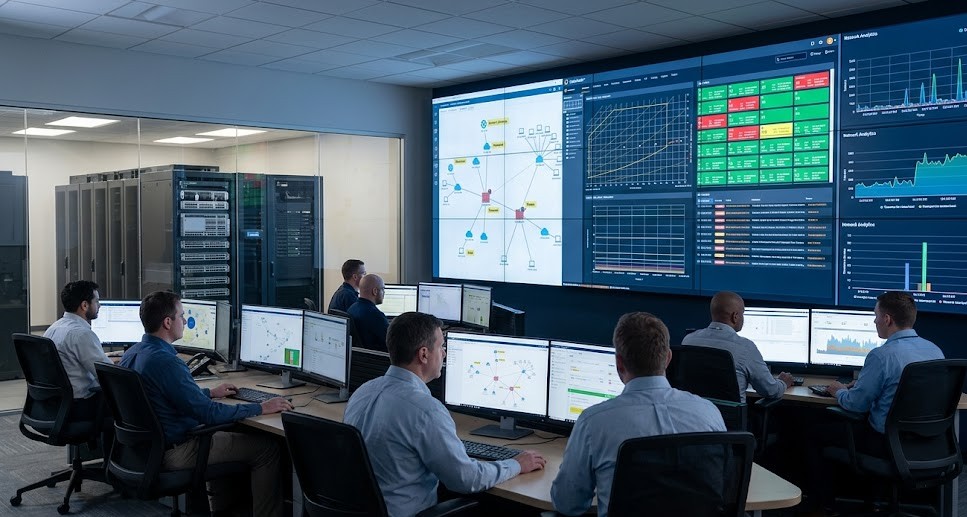 A single image only of a realistic network operations center (NOC) where engineers are monitoring large display screens showing network topology, automation dashboards, and analytics graphs