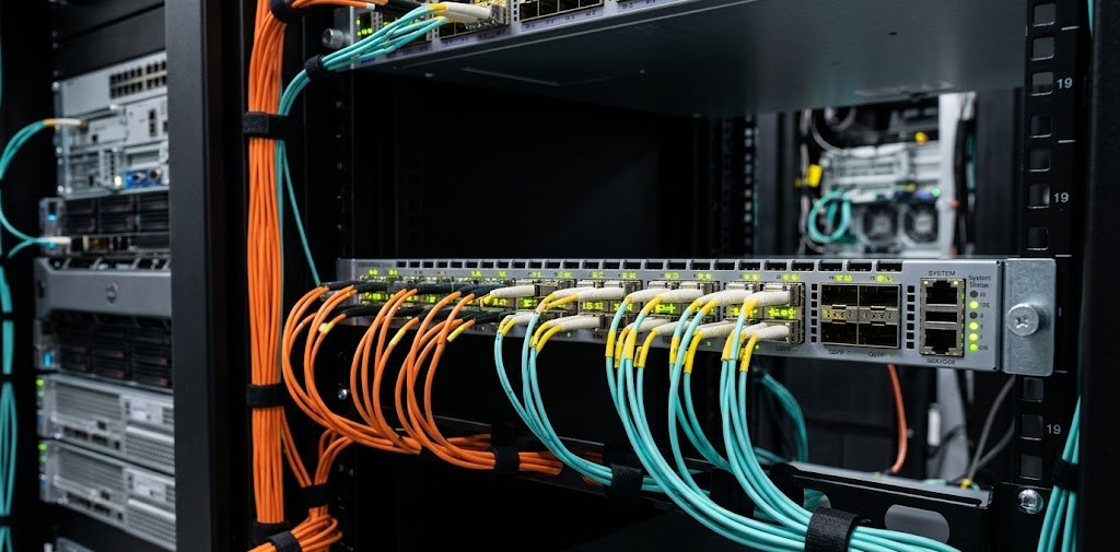 a clean and organized data center rack featuring an Arista DCS-7050CX3-32S-F switch with neatly arranged fiber optic cables connected