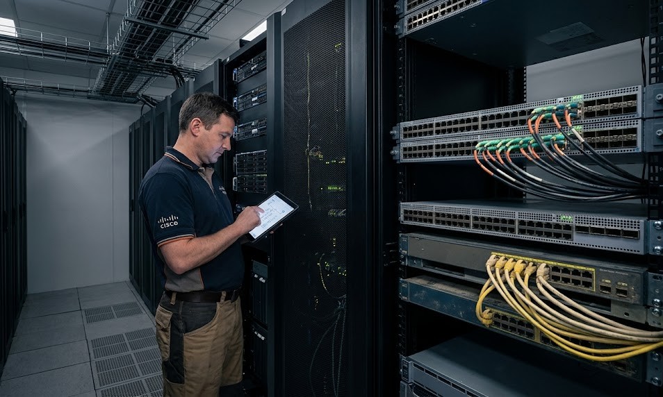 a data center technician reviewing network diagrams on a tablet while standing in front of server racks containing different generations of network switches, including a 100G Arista switch