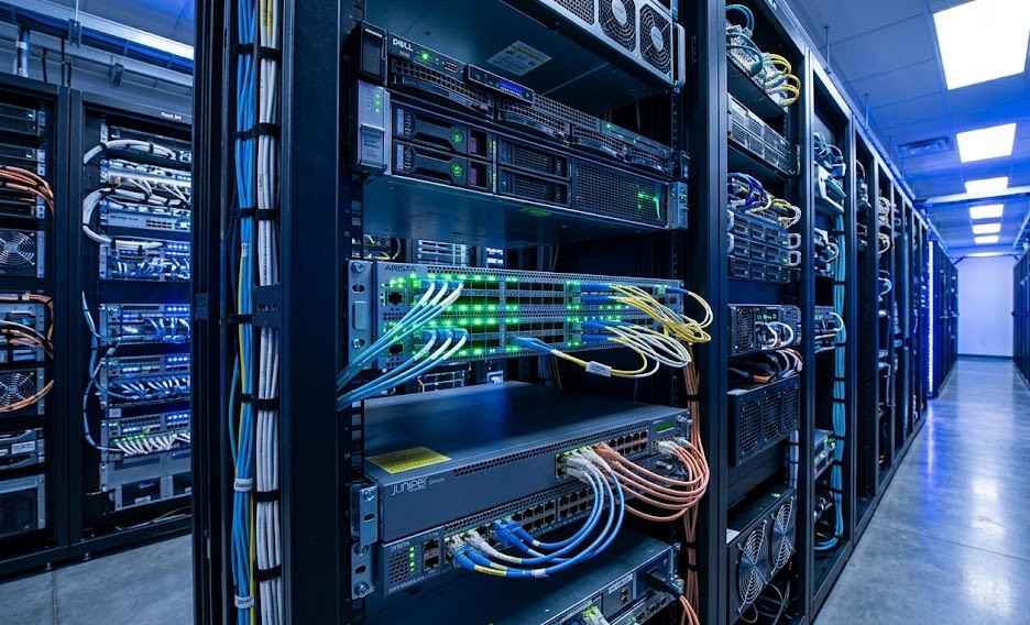 a modern data center showing a mix of current and slightly older networking equipment, with an Arista DCS-7050CX3-32S-F switch actively running with glowing ports. Futuristic blue and white lighting conveys longevity and continued relevance.
