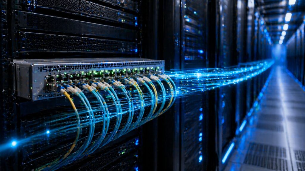a modern data center aisle with a high-performance 100G network switch (Arista DCS-7050CX3-32S-F) mounted in a rack, connected with multiple fiber optic cables. Subtle glowing light streaks flow between connected cables to represent high-speed data transfer