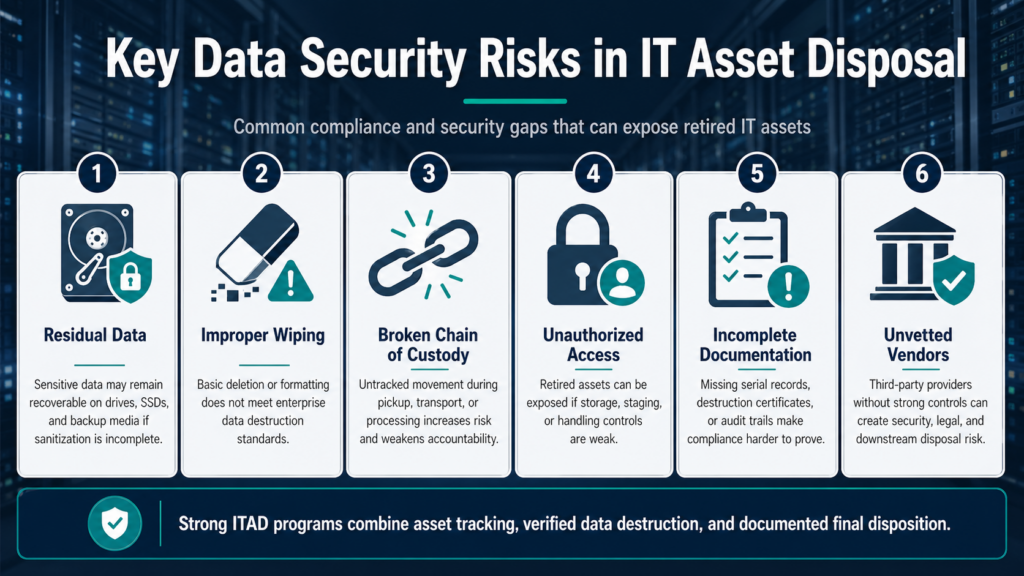 Infographic showing key ITAD data security risks: residual data, improper wiping, broken chain of custody, unauthorized access, poor documentation, and unvetted vendors