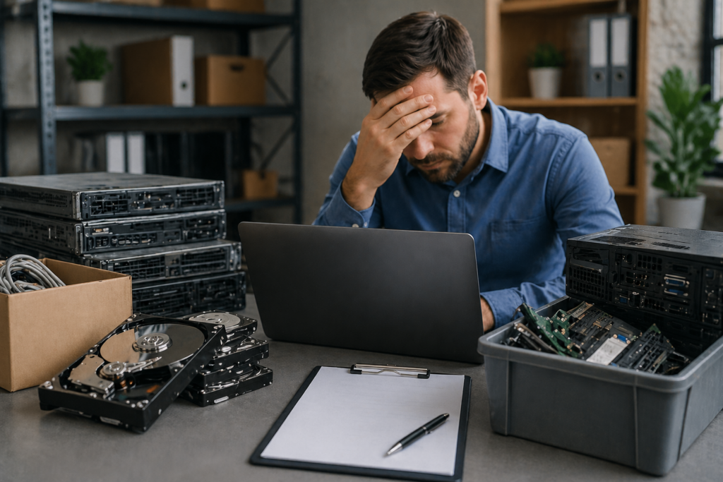 Man looking stressed at a laptop surrounded by servers and computer parts, illustrating ITAD compliance mistakes.