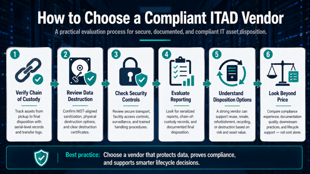 Infographic outlining steps to choose a compliant ITAD vendor, including chain of custody, data destruction, security controls, reporting, and pricing evaluation.