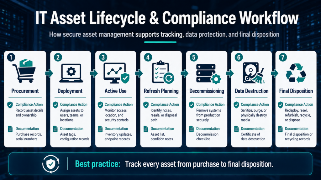 Infographic showing IT asset lifecycle and compliance workflow from procurement to final disposition, including deployment, use, decommissioning, and data destruction.