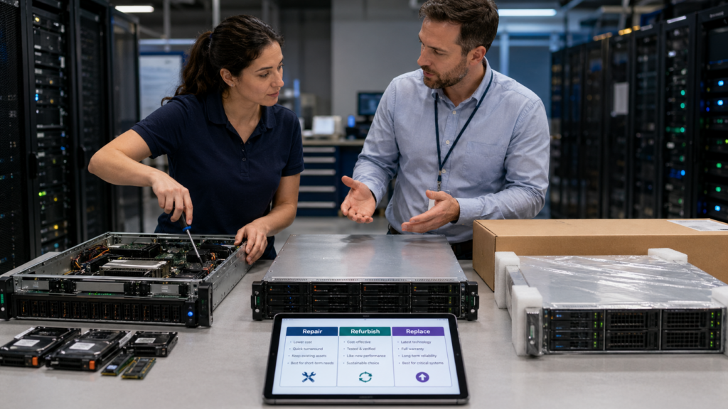 Technicians discussing whether to repair, refurbish, or replace server hardware in a data center.