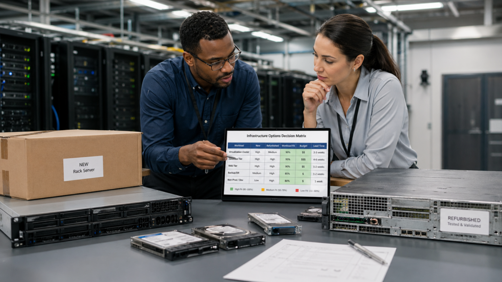 Two professionals evaluating new and refurbished server options in a data center to make an infrastructure buying decision.
