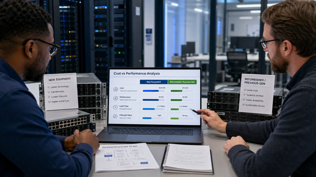 Two professionals comparing new and refurbished IT hardware using a cost versus performance analysis on a laptop.
