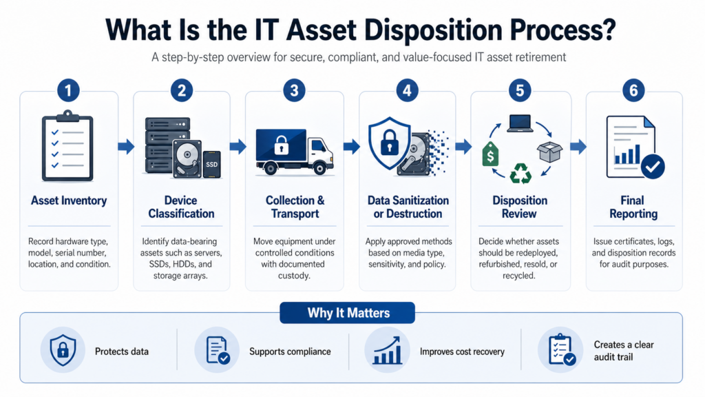 Infographic showing the 6-step IT asset disposition process: inventory, classification, collection, data sanitization, disposition review, and final reporting.