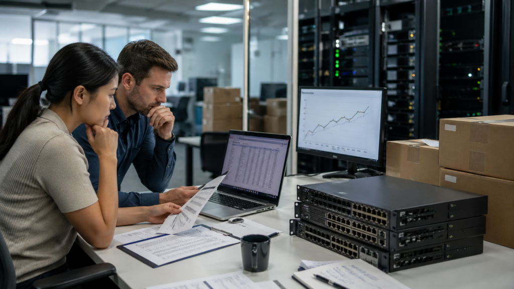 IT buyers reviewing rising hardware costs and budget documents beside network equipment in a data center office.