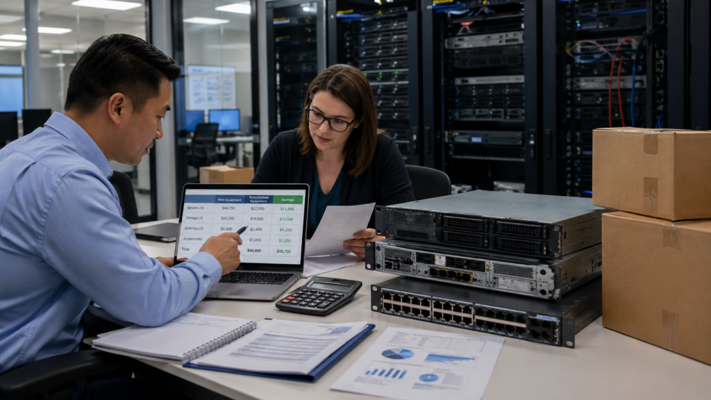 Two professionals reviewing a cost savings breakdown for refurbished IT hardware beside servers, switches, and shipping boxes.