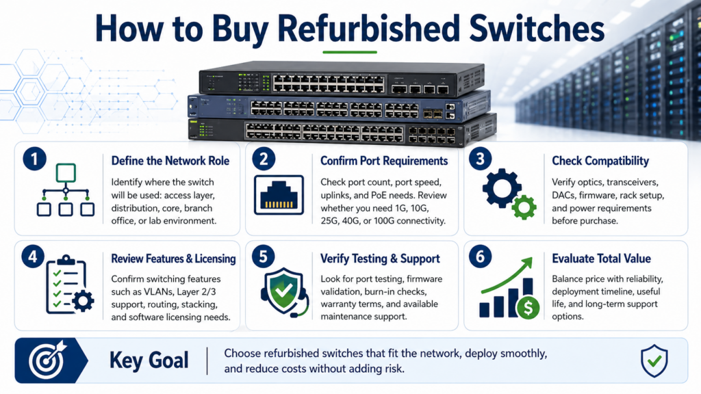 Infographic explaining how to buy refurbished switches, including checking network role, port requirements, compatibility, licensing, testing, and total value.