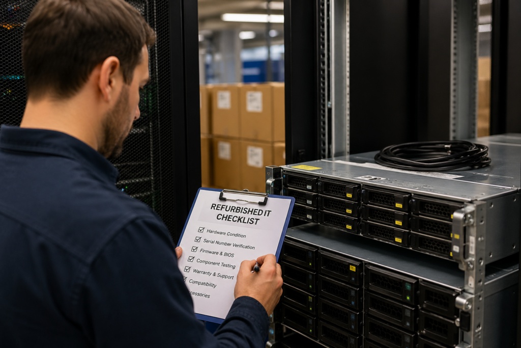 Technician using a refurbished IT checklist while inspecting server hardware in a data center.