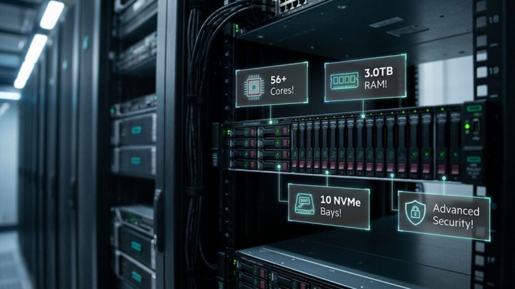 Rack-mounted HPE ProLiant DL360 Gen10 server with highlighted specs for CPU cores, RAM, NVMe bays, and security features.