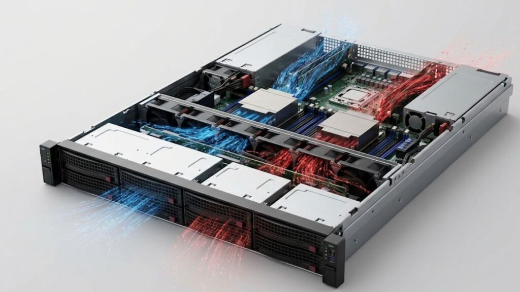 Open rack server chassis showing internal architecture, components, and airflow paths for thermal/system design analysis.