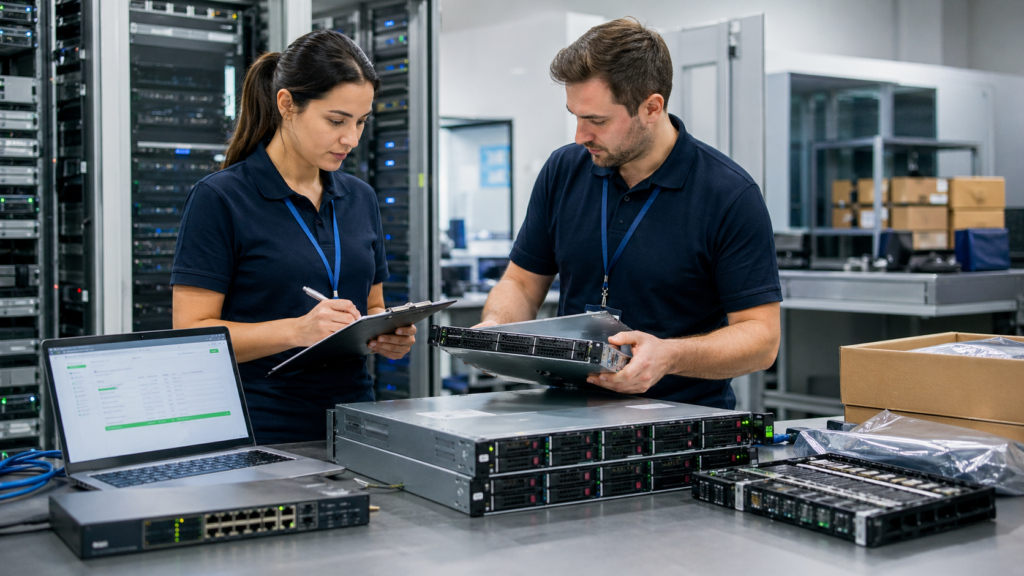 Technicians inspecting and documenting server hardware in a data center to reduce refurbishment and deployment risks.