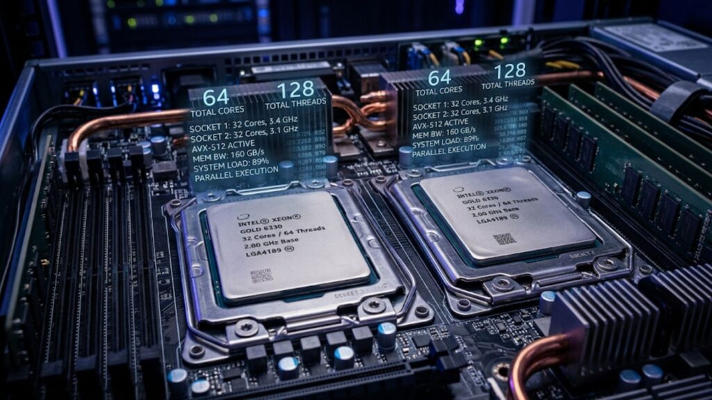 Server motherboard with dual Intel Xeon processors and performance metrics highlighting cores, threads, and compute capabilities.