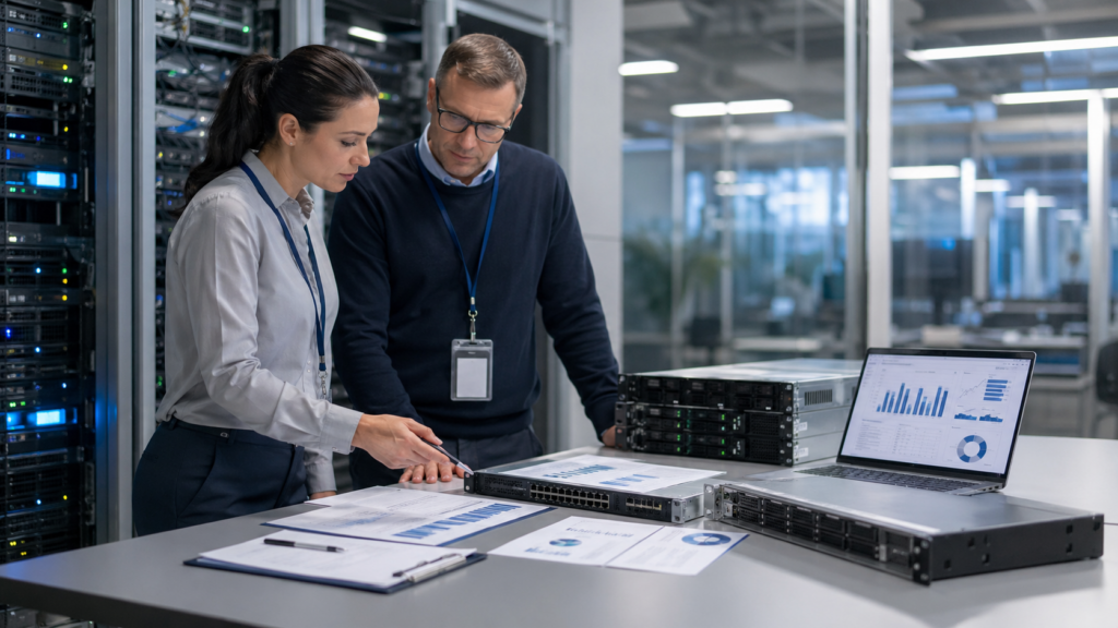 Two professionals reviewing server hardware and ROI data in a data center while evaluating refurbished equipment.