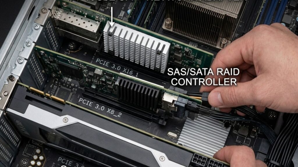 Server interior showing PCIe expansion slots and SAS/SATA RAID controller installation for networking and integration.