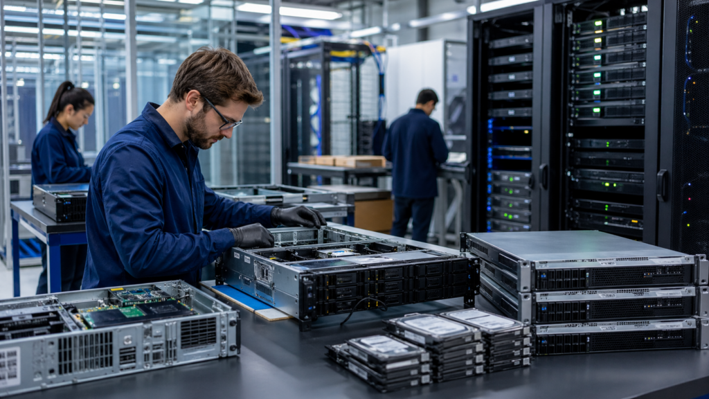 Technicians inspecting and assembling refurbished servers in a data center lab.