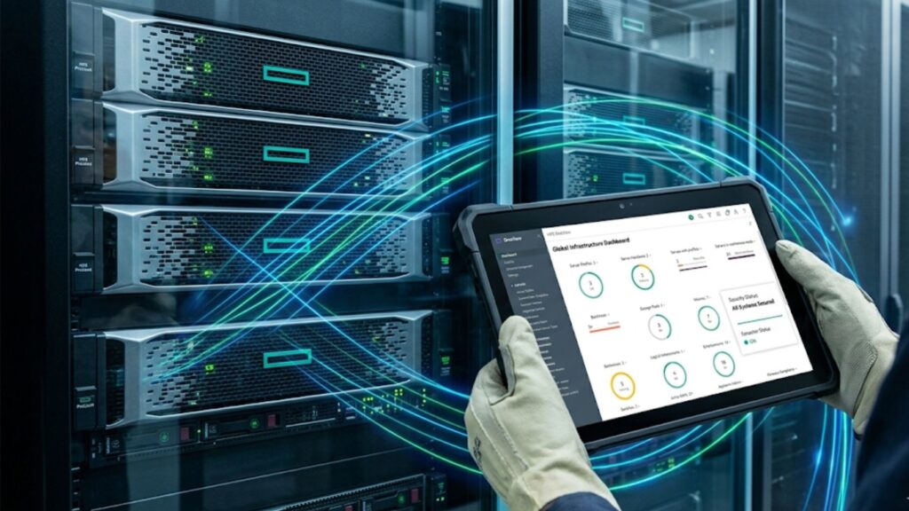 Technician using tablet to manage server racks with automated infrastructure monitoring and security dashboard.