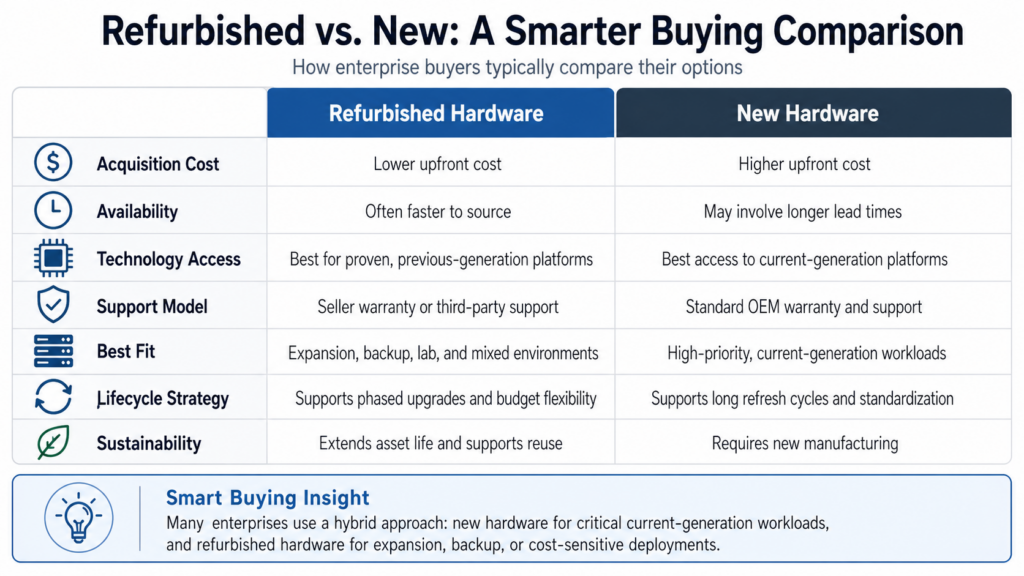 Comparison table of refurbished vs. new hardware costs, availability, support, and use cases.