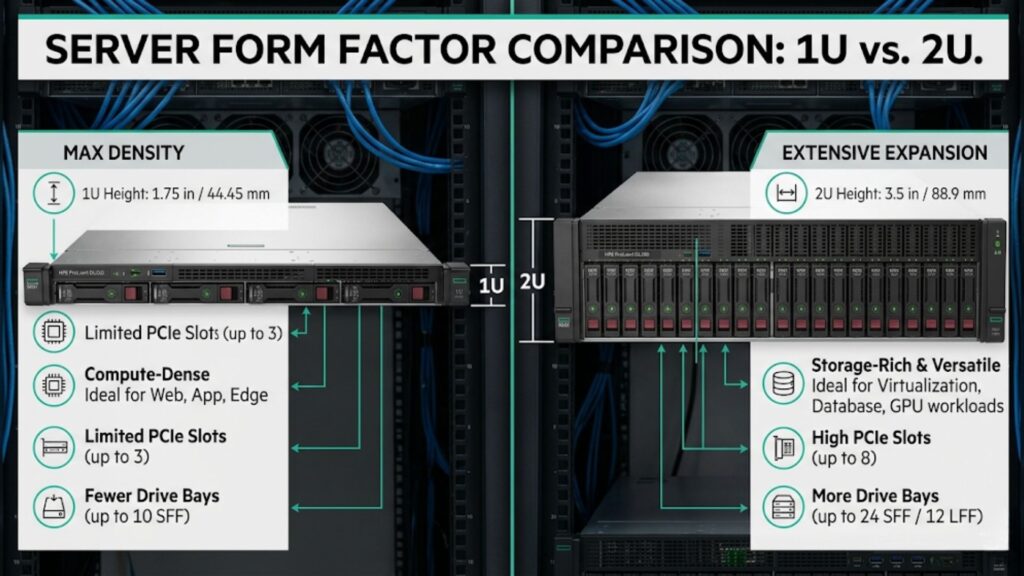 Comparison of 1U vs 2U HPE servers showing form factor, expansion capacity, PCIe slots, and storage differences.