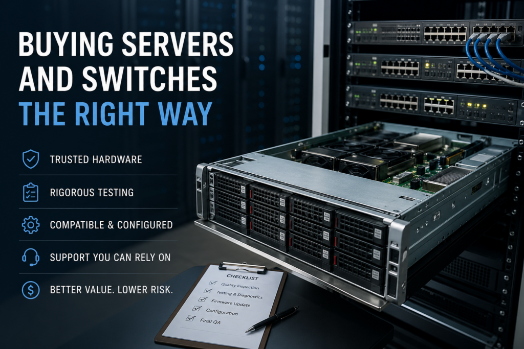 Server and network switch with checklist highlighting trusted hardware, testing, and support.