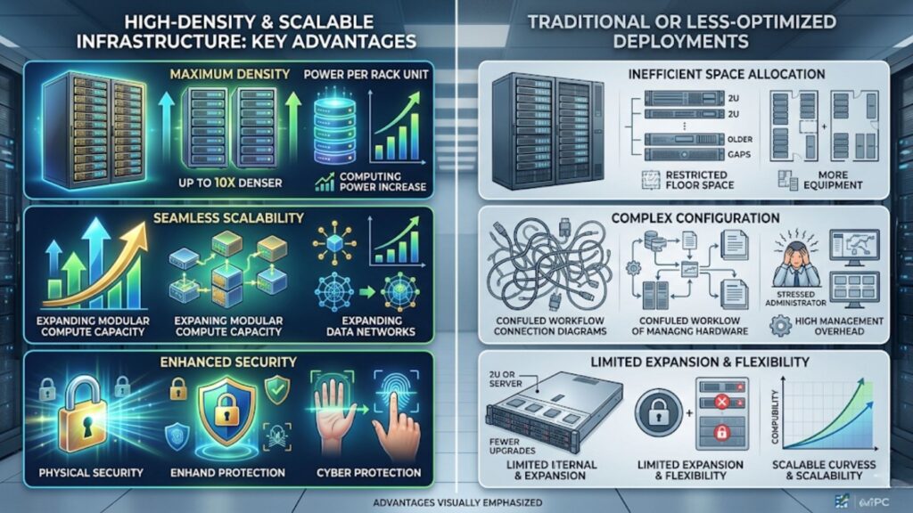 Infographic comparing high-density scalable infrastructure advantages versus traditional deployment limitations in space, configuration, expansion, and security.