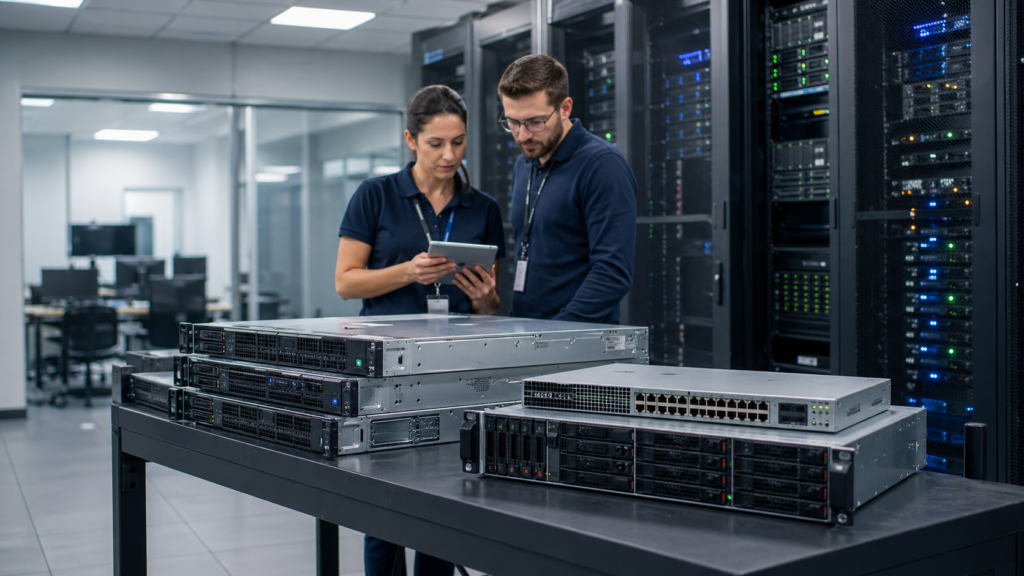IT professionals reviewing refurbished servers and networking equipment in a data center.