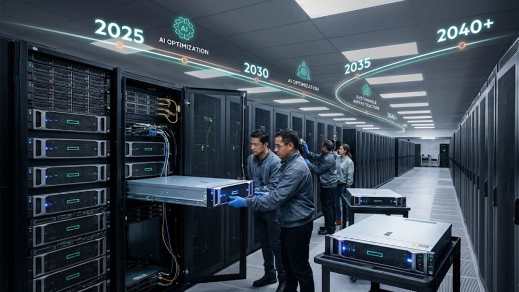 Data center team planning future infrastructure with server racks and projected technology roadmap from 2025 to 2040+.