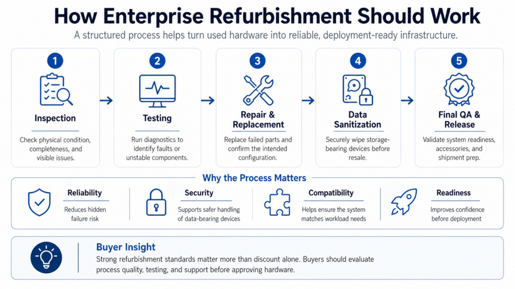 Diagram of enterprise hardware refurbishment process: inspection, testing, repair, data sanitization, and final QA.