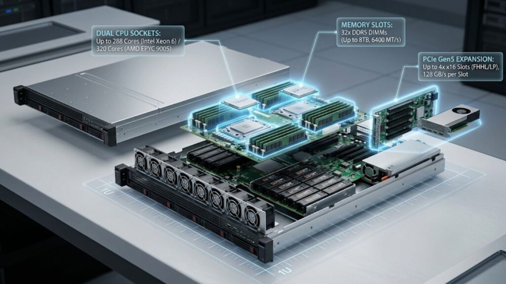 Exploded view of HPE ProLiant DL360 Gen12 server highlighting CPU sockets, memory slots, and PCIe expansion features.