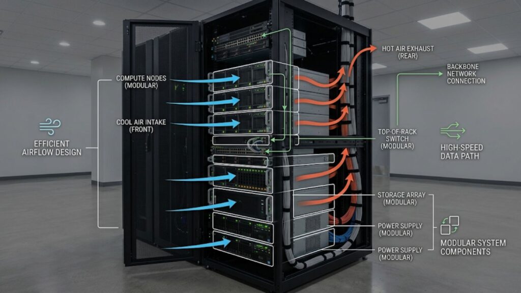 Server rack architecture diagram showing airflow design, modular components, cooling paths, and network connections.