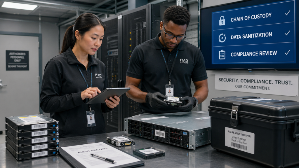 Two IT technicians inspecting hardware in a server room, with a screen highlighting chain of custody, data sanitization, and compliance review.