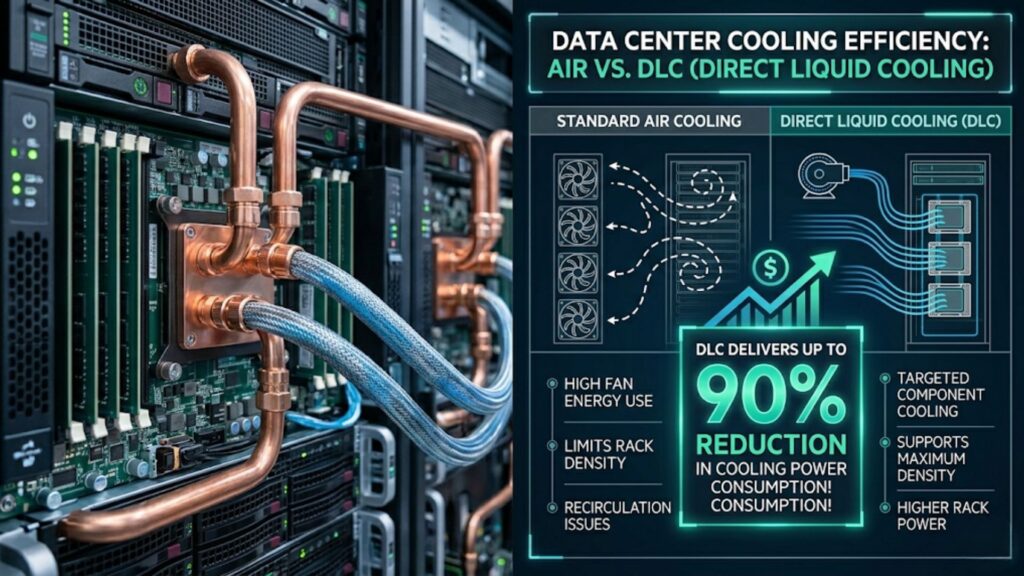 Data center cooling diagram comparing air cooling and direct liquid cooling with server liquid pipes and efficiency benefits.