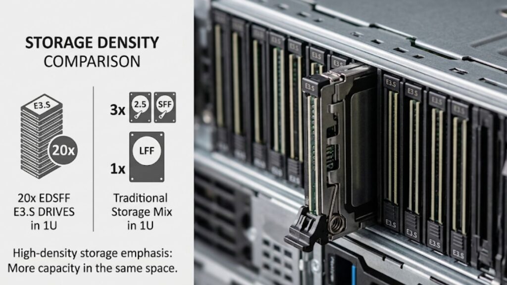 Storage density comparison showing E3.S drive bays and high-density server storage architecture with removable drive tray.