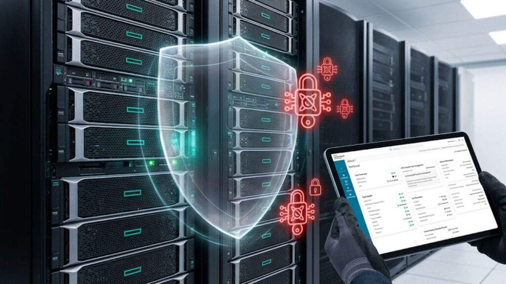 Server racks with security shield overlay and tablet dashboard representing management, security, and reliability monitoring.