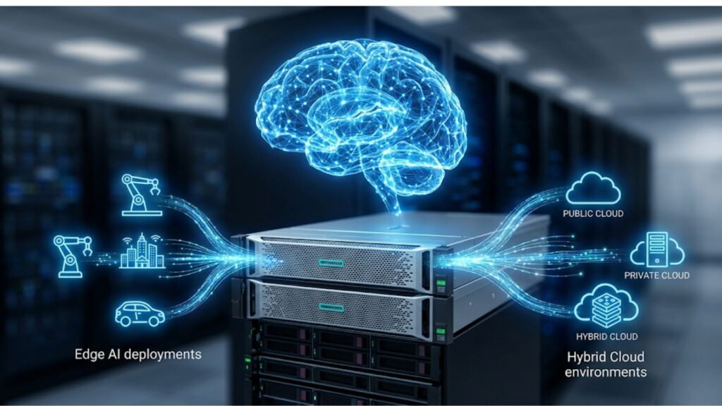 AI server infrastructure illustration showing brain graphic, edge AI deployments, and hybrid cloud connectivity options.