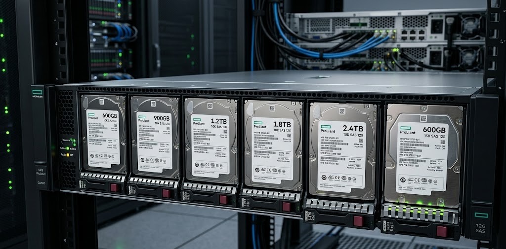 Competitor and nearest product comparison image showing HPE ProLiant 10K SAS hard drives from 600GB to 2.4TB in a server rack.