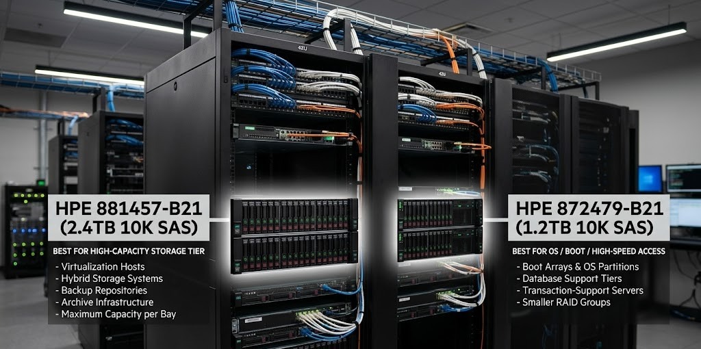 Use case comparison infographic showing HPE 2.4TB and 1.2TB 10K SAS drives for storage, virtualization, boot, and database workloads.